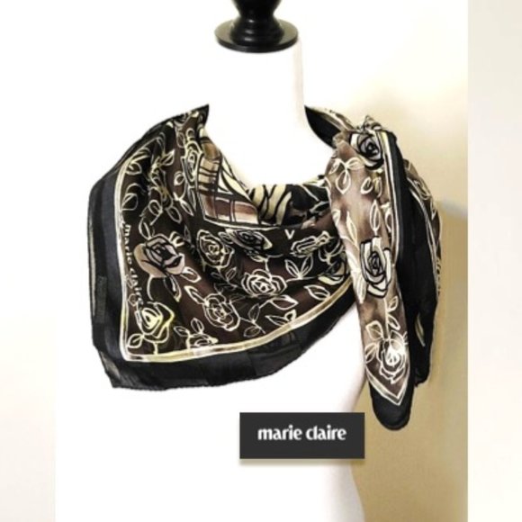 MARIE CLAIRE 100% Silk Square Scarf Floral Taupe - Picture 4 of 12